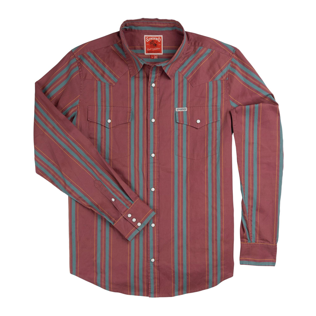 Sendero Provisions Co. Men's Wyatt Pearl Snap Long Sleeve Print Shirt, Miles City Stripe Clay – front