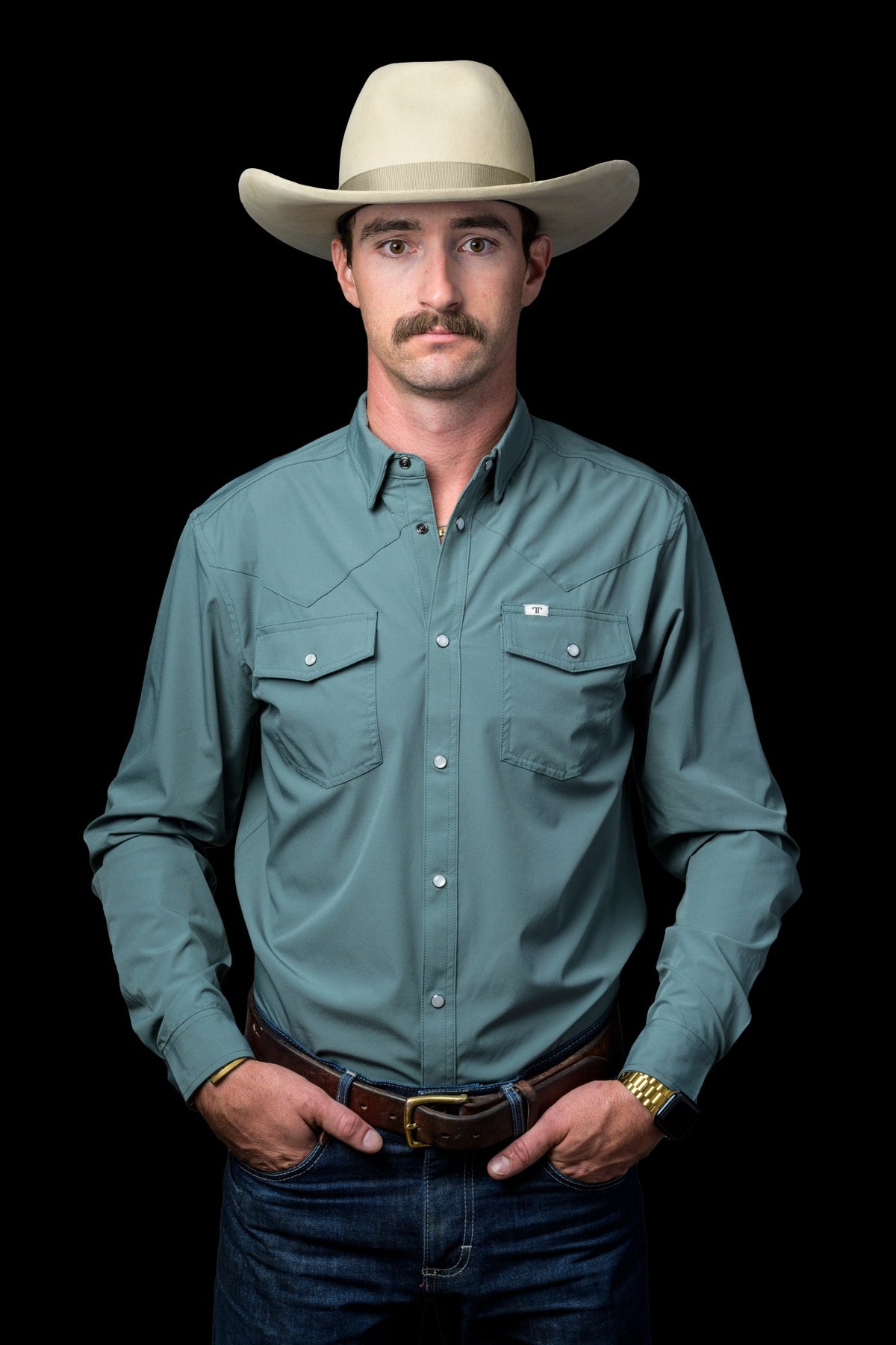 Ferrell Brand Men's Core Pearl Snap Long Sleeve Shirt, Aqua – front on model