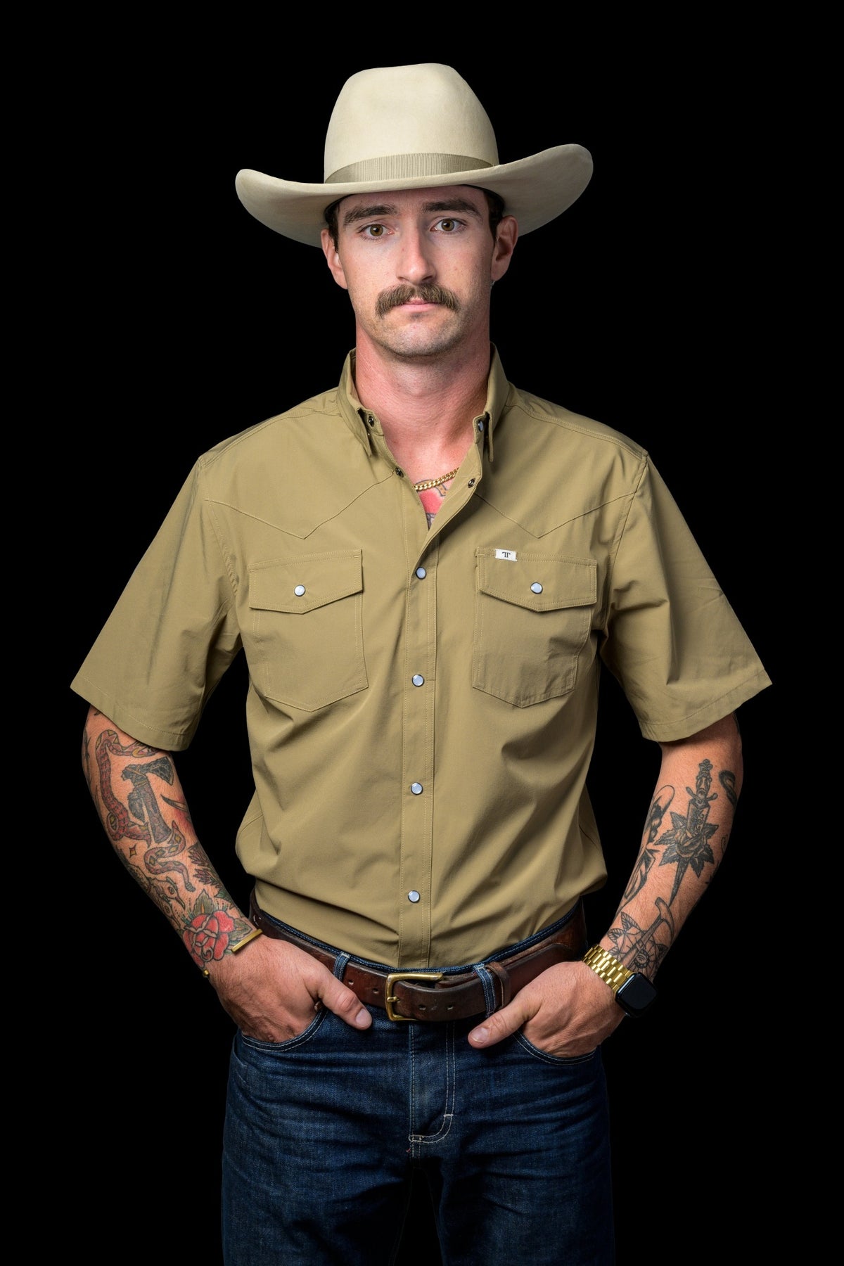 Ferrell Brand Men's Core Pearl Snap Short Sleeve Shirt, Khaki – front on model