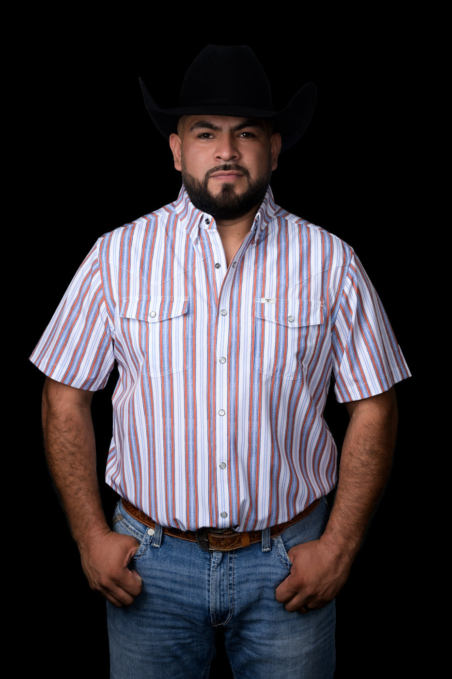 Ferrell Brand Men's Sterling Pearl Snap Short Sleeve Shirt, White – front on model