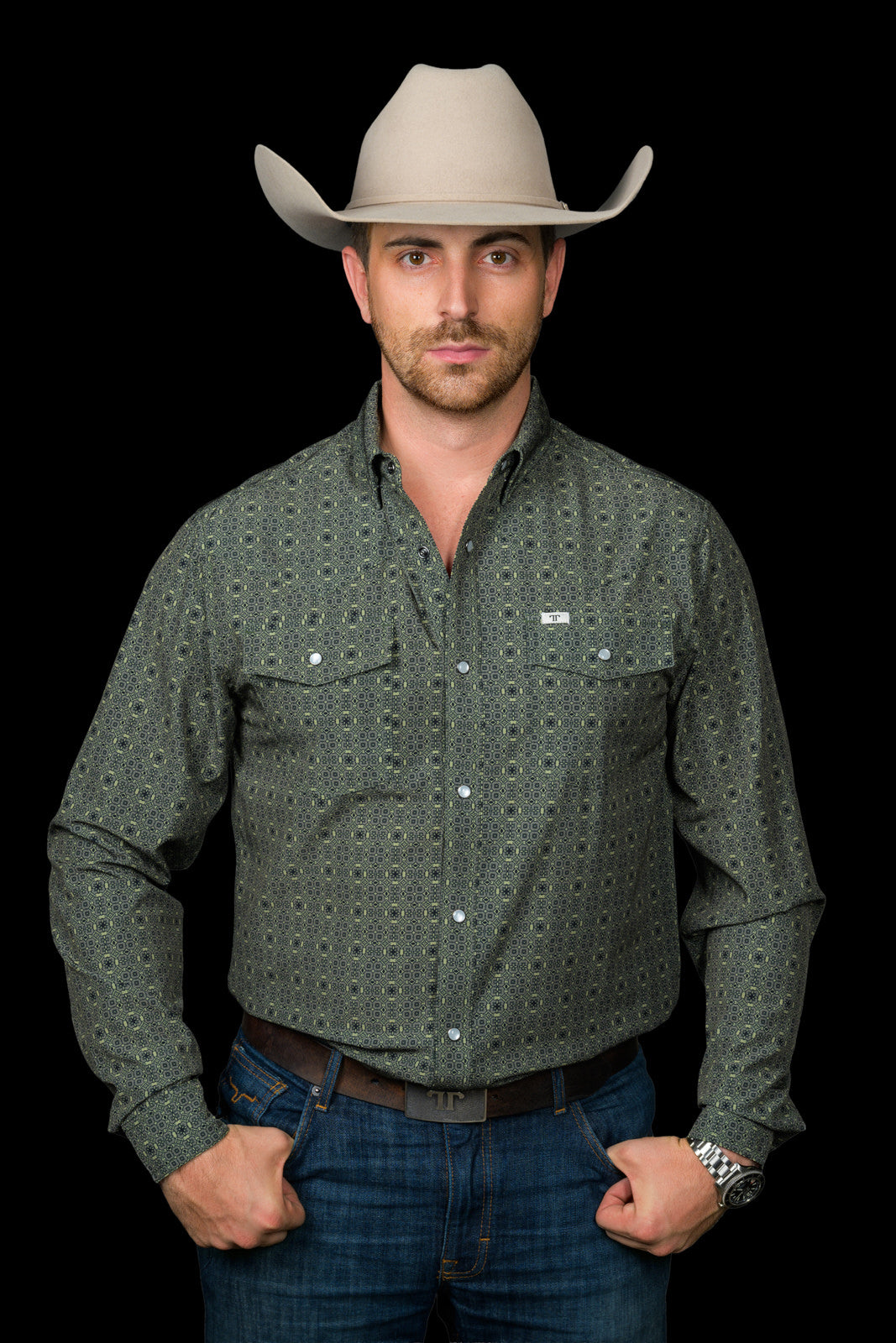 Ferrell Brand Men's Lawson Pearl Snap Long Sleeve Shirt, Green – front on model