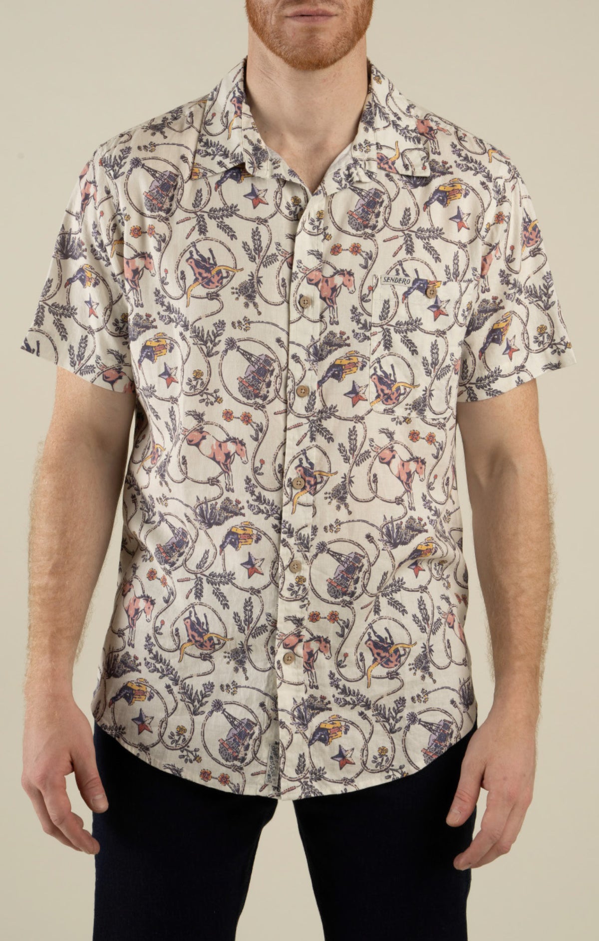 Sendero Provisions Co. Men's City Slicker Button Up Short Sleeve Shirt - High Lonesome - Ivory/Navy - front