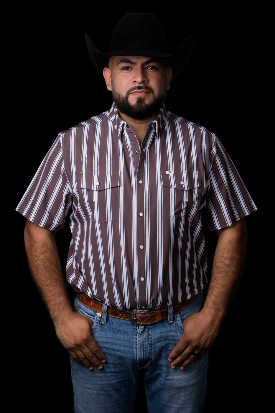 Ferrell Brand Men's Micro Tucker Pearl Snap Short Sleeve Shirt, Brown – front on model