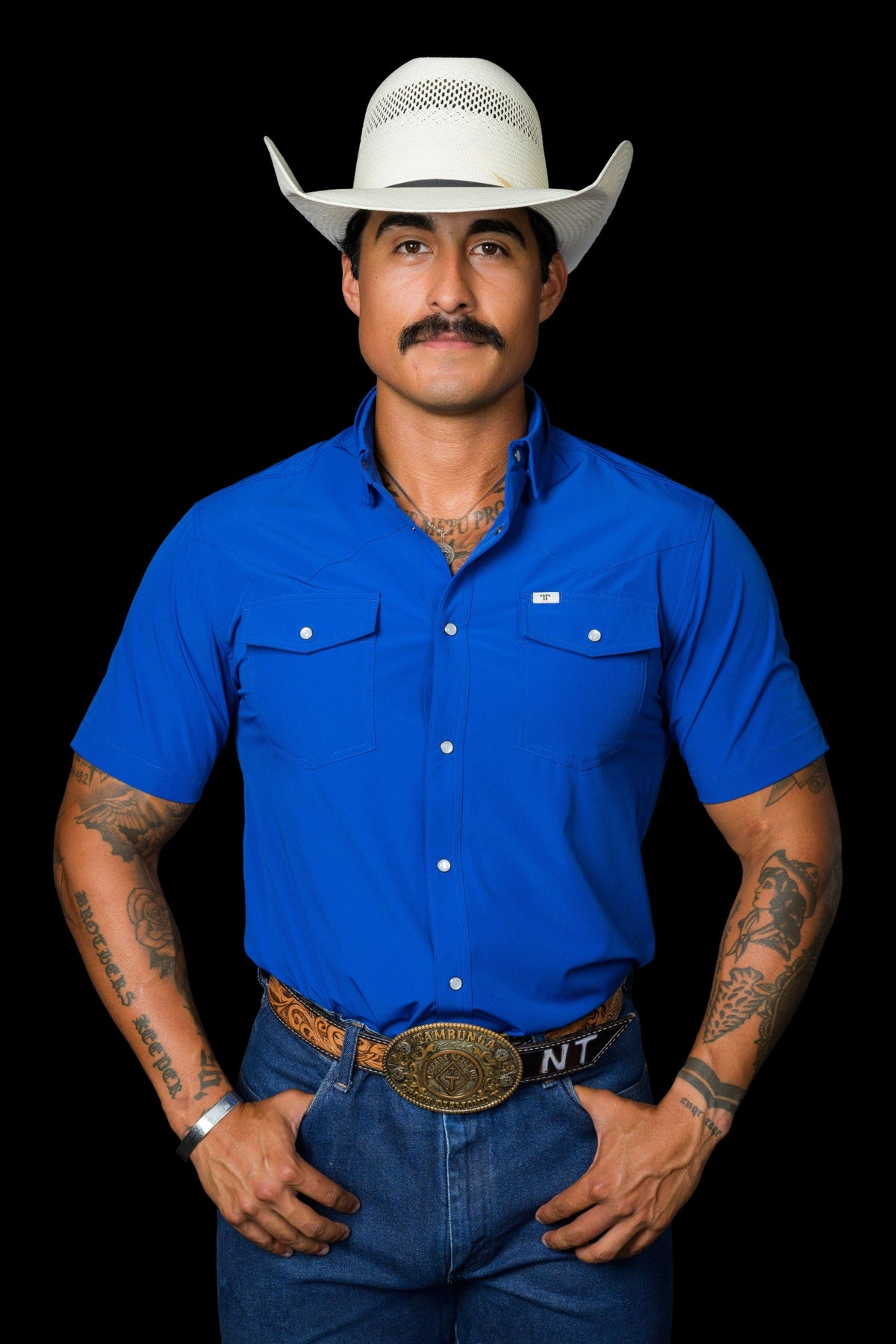 Ferrell Brand Men's Core Pearl Snap Short Sleeve Shirt, Cobalt Blue – front on model