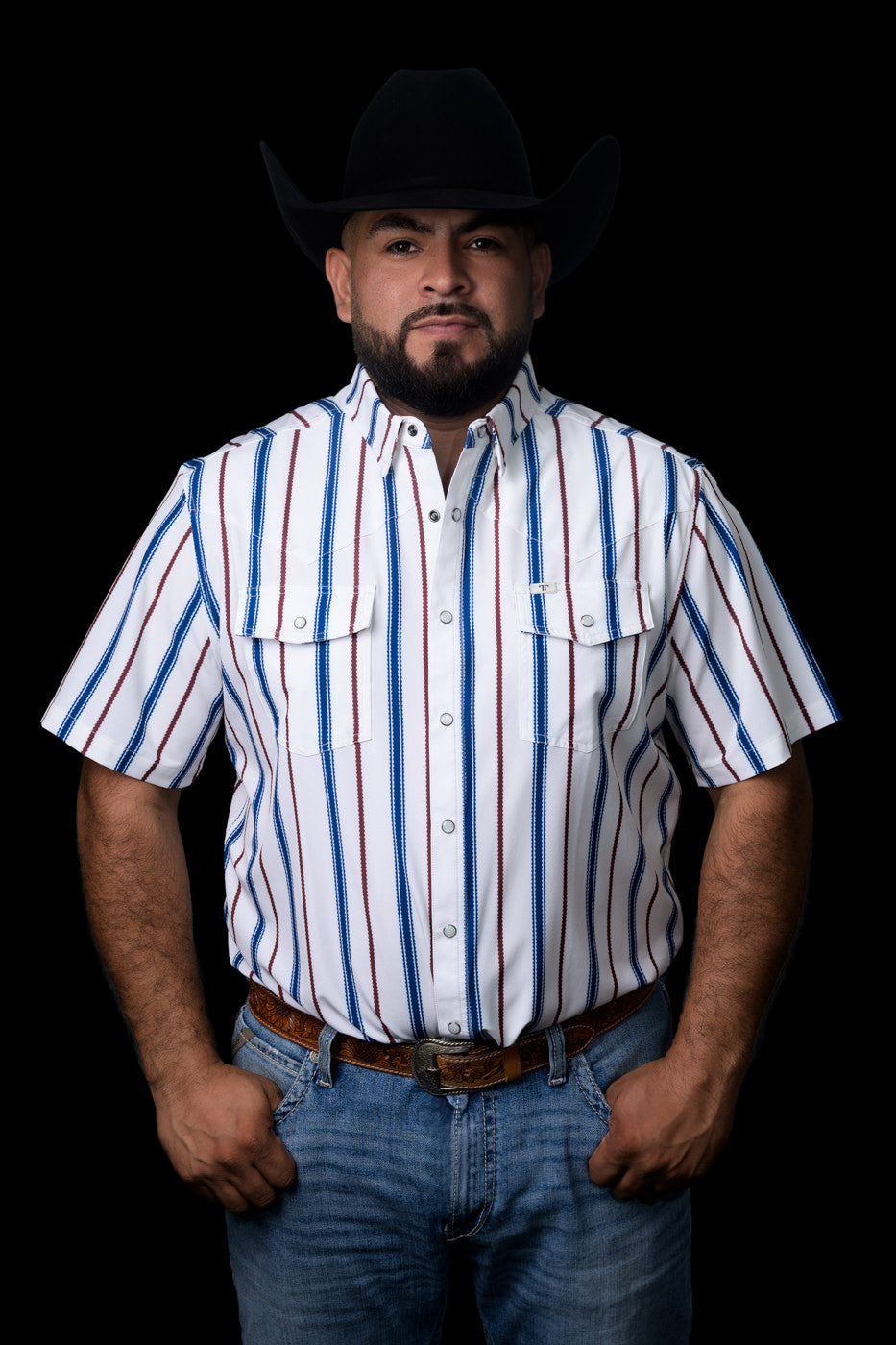 Ferrell Brand Men's Caprock Pearl Snap Short Sleeve Shirt, White – front on model