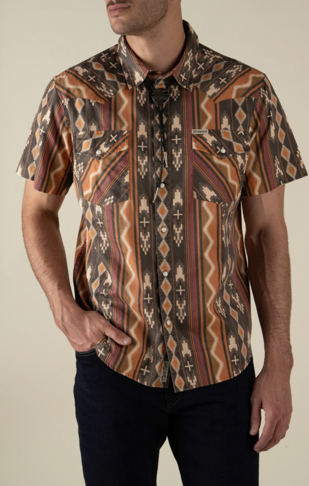 Sendero Provisions Co. Men's Wyatt Pearl Snap Short Sleeve Print Shirt - Tempe Stripe - Brown/Orange - front