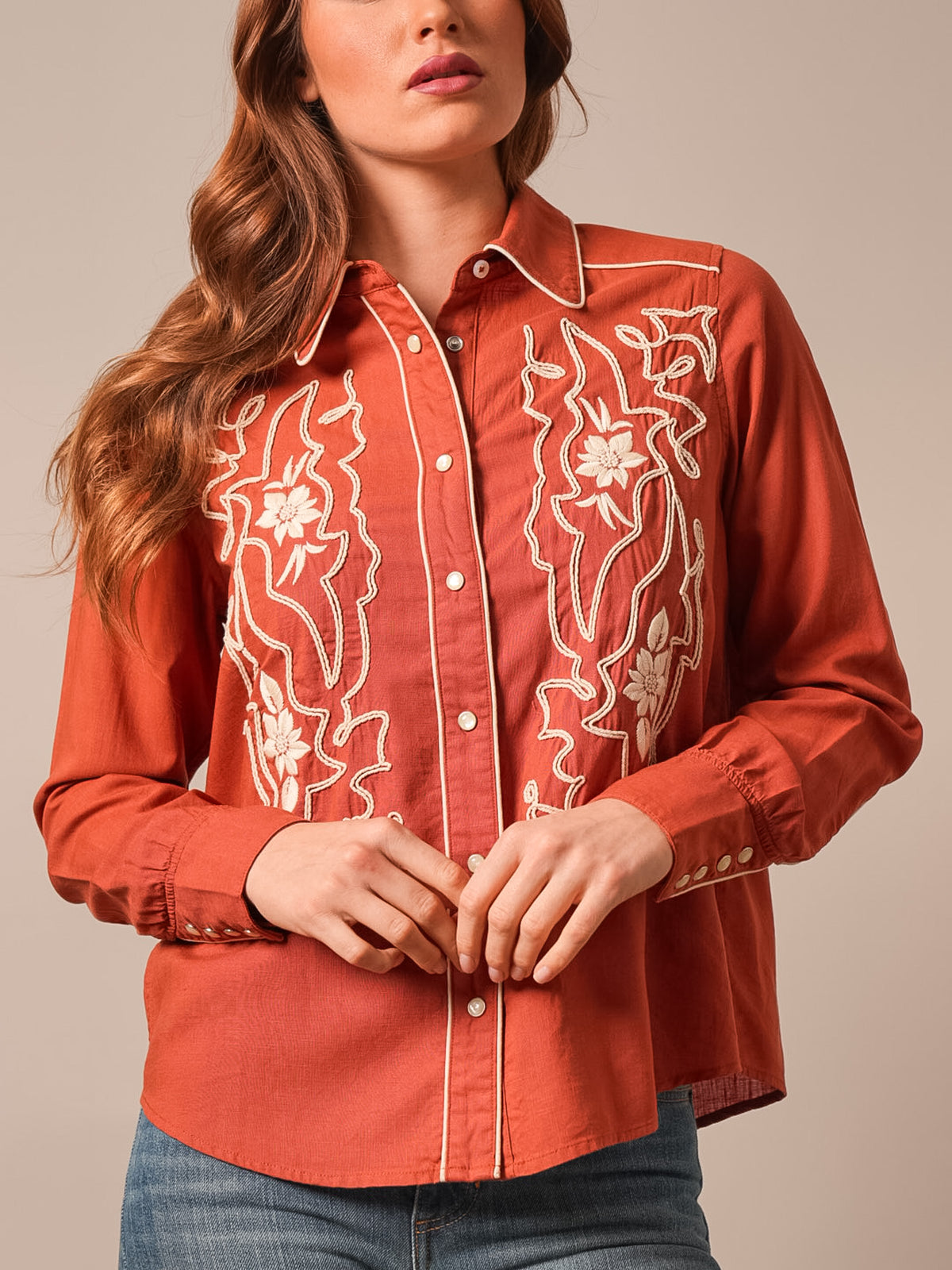 Kimes Ranch Women's Stevie Top, Burnt Red – front on model