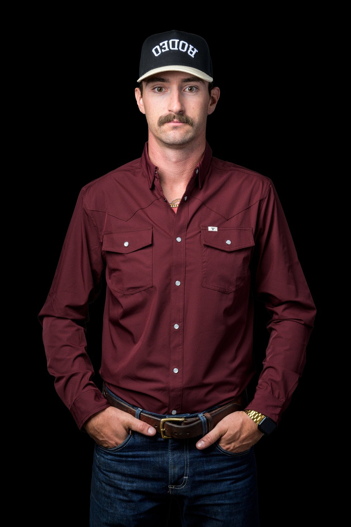 Ferrell Brand Men's Core Pearl Snap Long Sleeve Shirt, Maroon – front on model