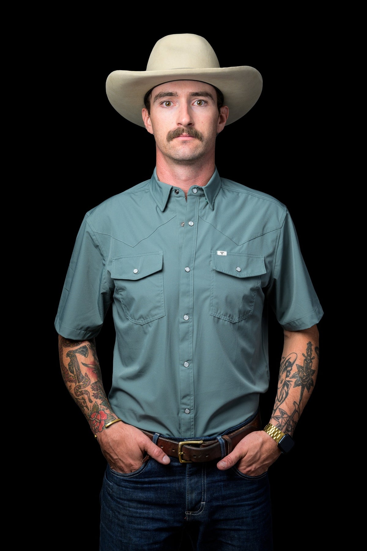 Ferrell Brand Men's Core Pearl Snap Short Sleeve Shirt, Aqua – front on model