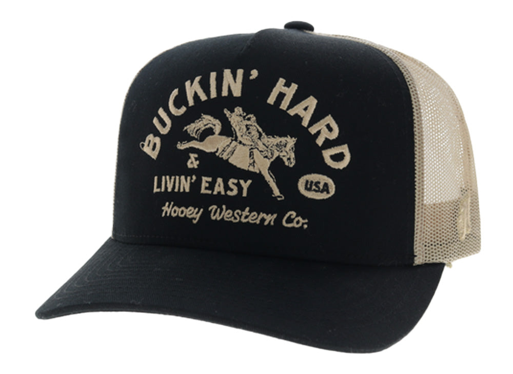 Hooey Buckin' Hard Trucker Hat, Black/Tan – 3-4 front, trucker