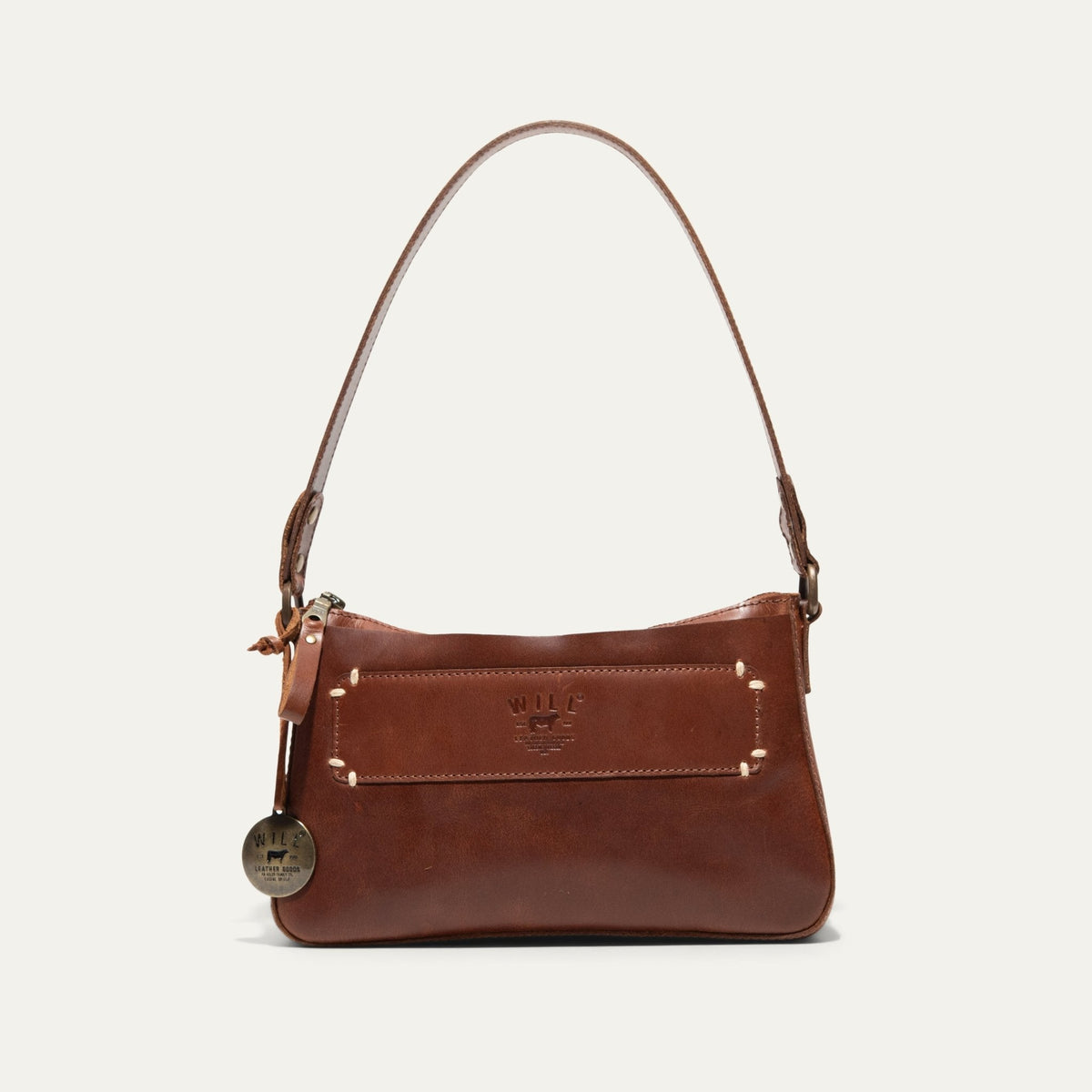 Will Leather Goods Simple Mini Top Zip Shoulder Bag in black leather with a compact design and adjustable strap.
