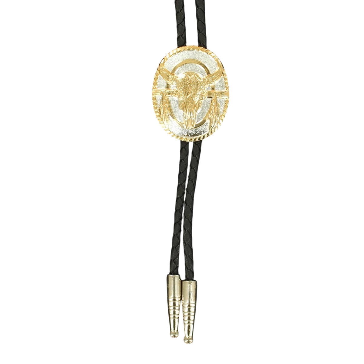 Gold and silver skull and feather bolo tie by M&F featuring detailed metalwork and western style design.