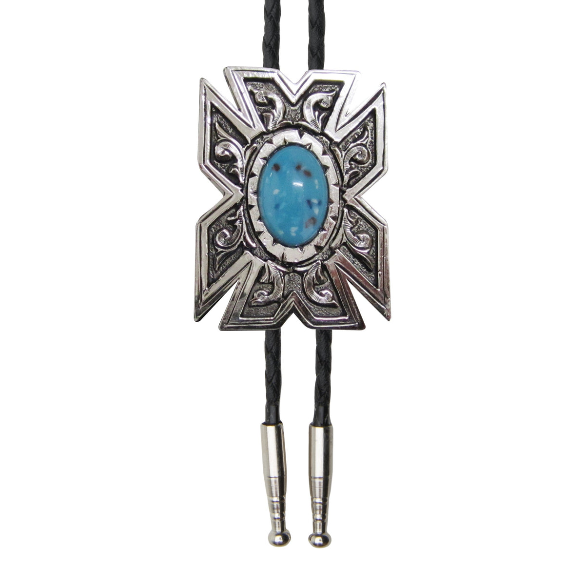 AndWest Southwest turquoise bolo tie with silver accents, featuring a vibrant turquoise centerpiece and traditional design.
