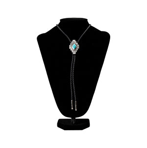 Southwestern-style silver concho bolo tie with braided leather cord.
