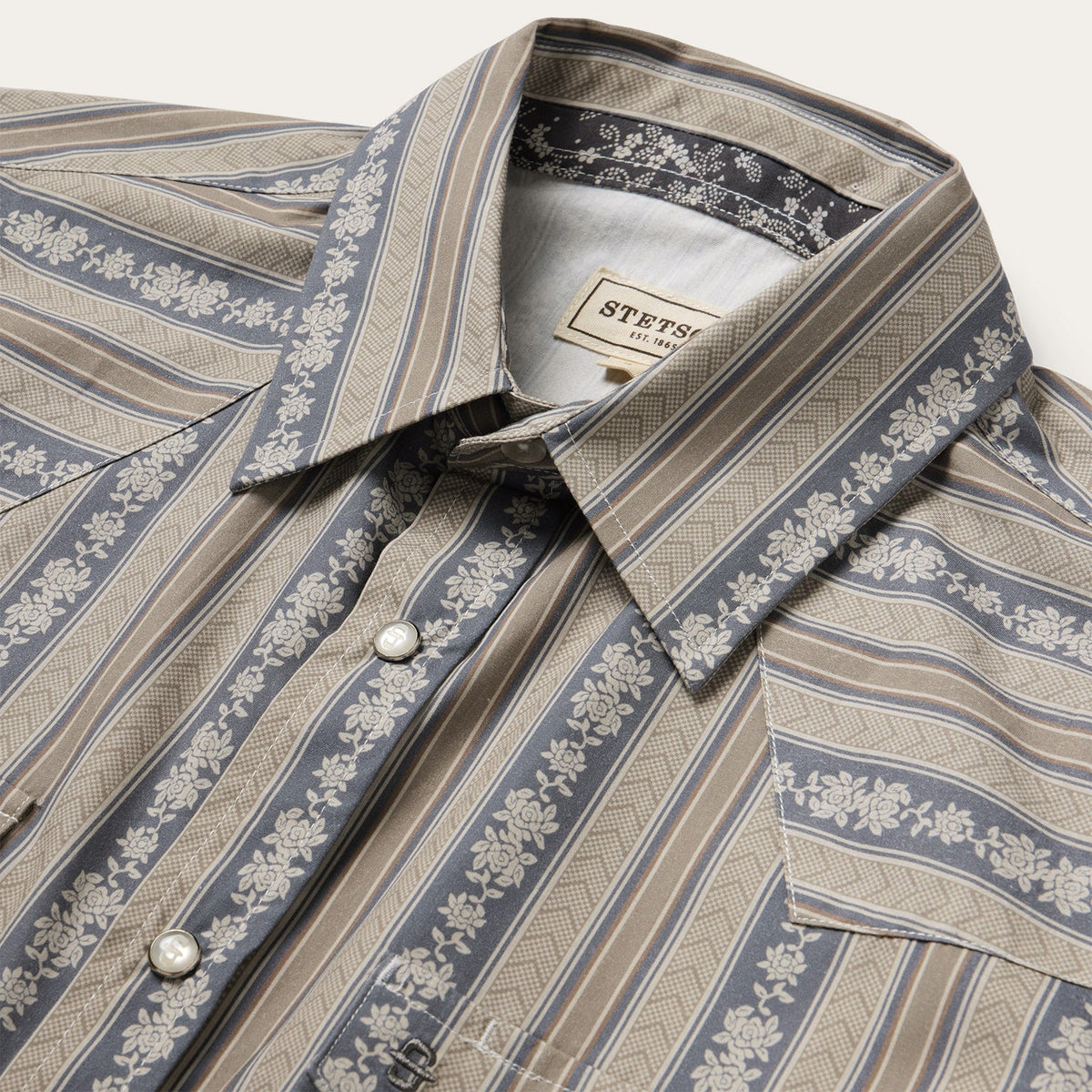 Stetson Men's Chevron Wallpaper Stripe Long Sleeve Shirt, Grey – collar detail