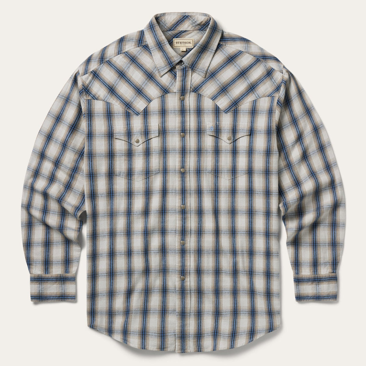 Stetson Men's Brushed Twill Flannel Plaid Long Sleeve Shirt, Blue – front