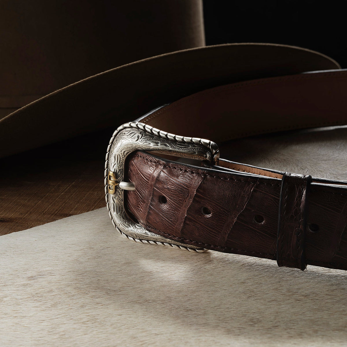 Gem Dandy Stetson Caiman Western Tab Belt with Cigar Classic design, featuring textured leather and Western-style tab buckle.