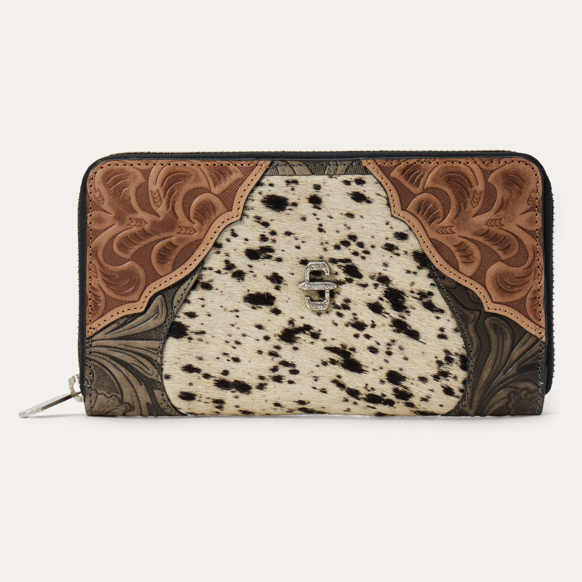 Stetson Hair-On-Hide Tooled Zip Wallet by Gem Dandy showcasing detailed leather tooling and compact design.