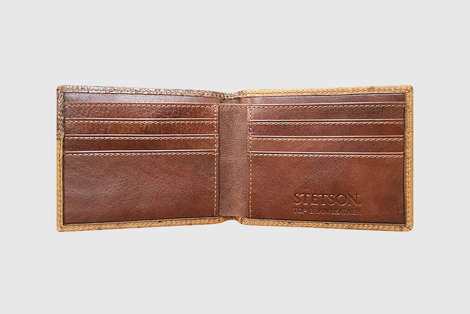 Stetson Men's Croco & Ostrich Embossed Bi-Fold Wallet, Brown – inside