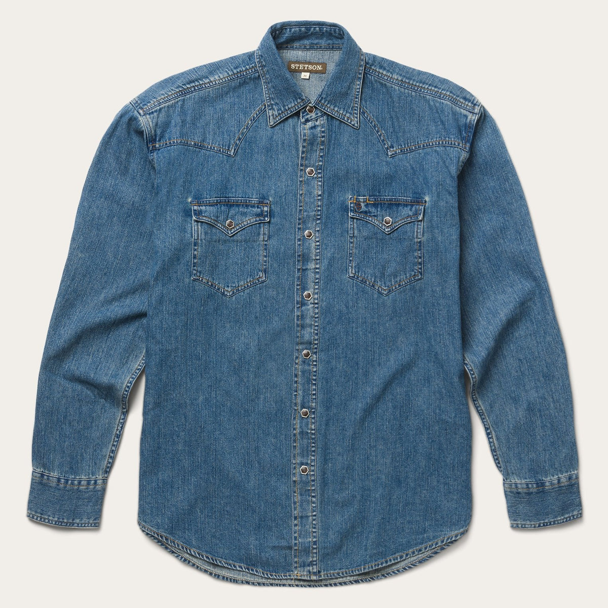 Stetson Men's Denim 2 Pockets & Flaps Long Sleeve Shirt, Denim – front