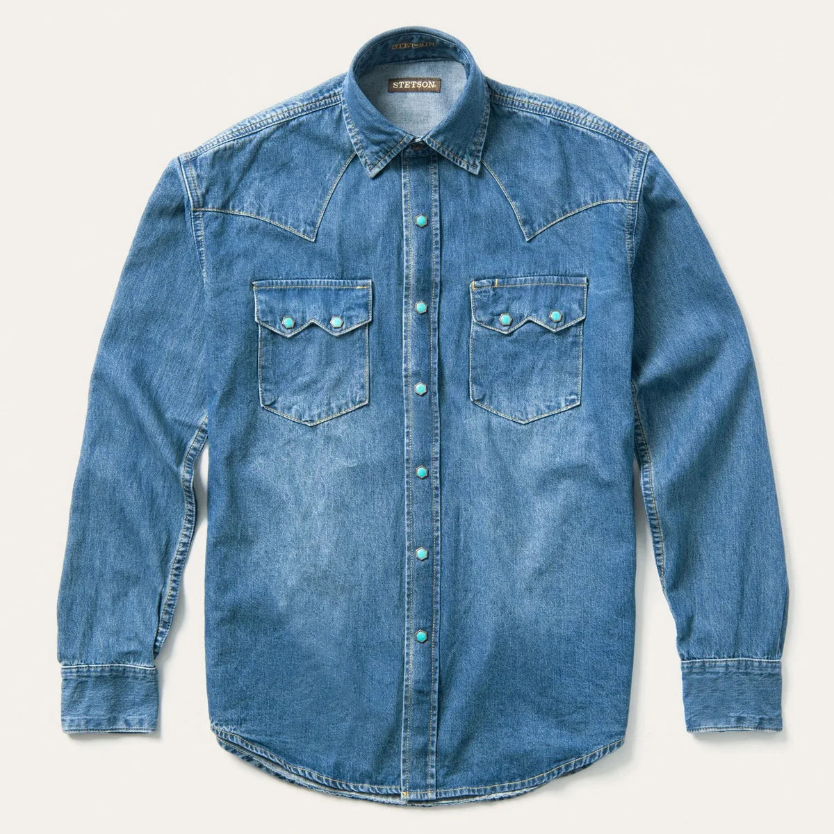 Stetson Men's Turquoise Snap Western Denim Shirt, Blue – front