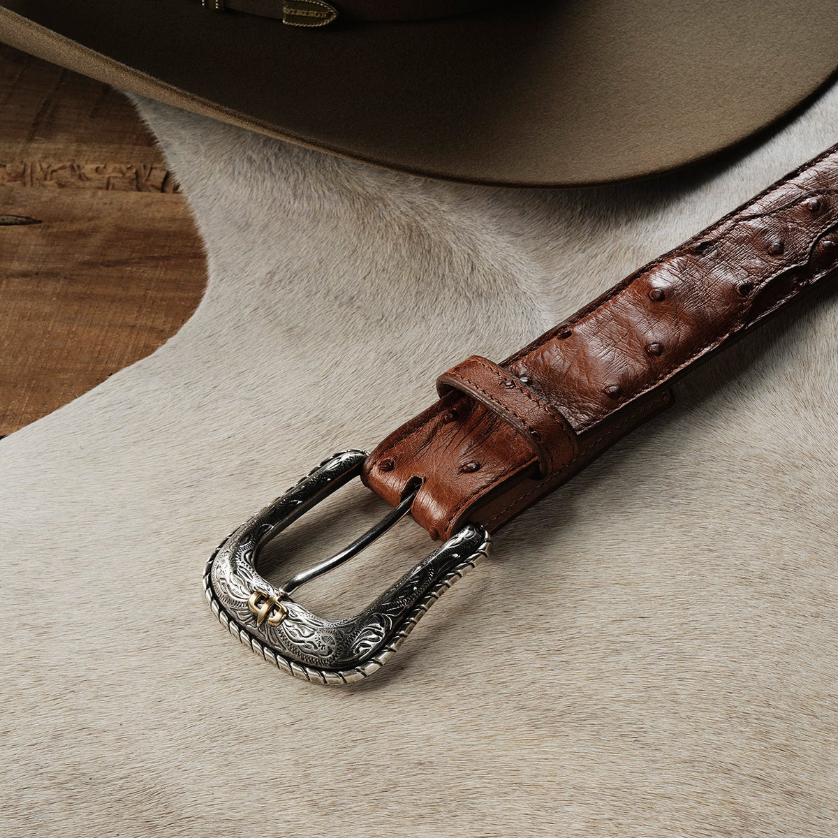 Stetson Ostrich Western Tab Belt by Gem Dandy in antique cognac with ostrich leather and Western-style tab design.