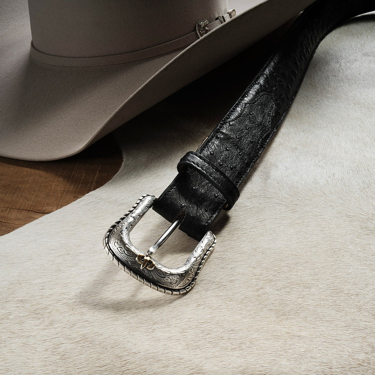 Black Stetson Ostrich Western Tab Belt by Gem Dandy with ostrich pattern and silver-tone buckle, showcasing Western style and craftsmanship.