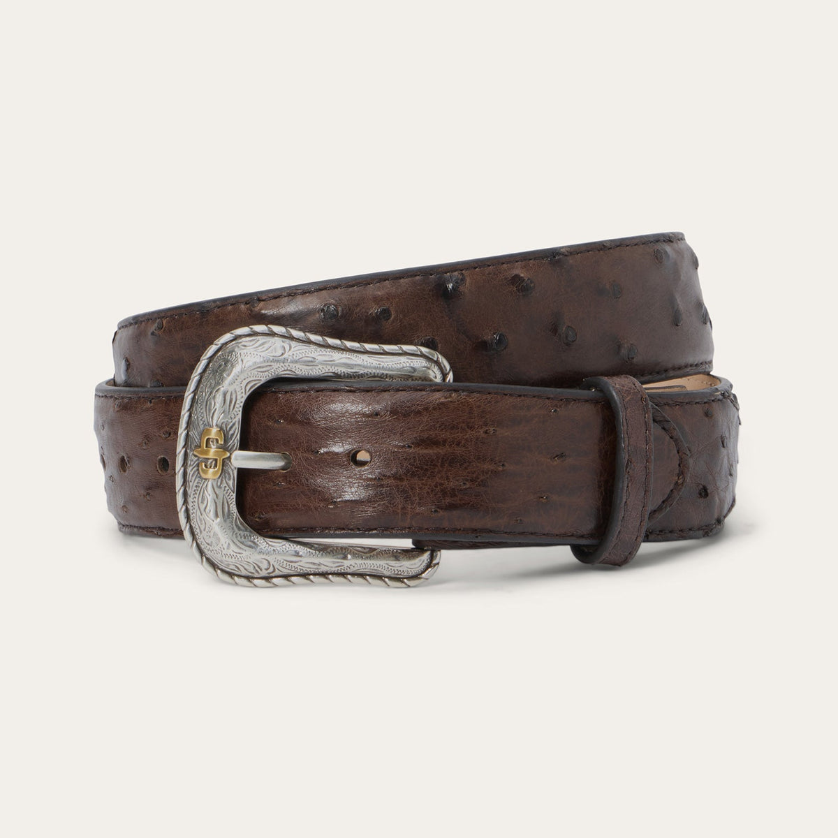 Mocha brown Stetson Ostrich Western tab belt by Gem Dandy with intricate ostrich leather texture and Western-style design.