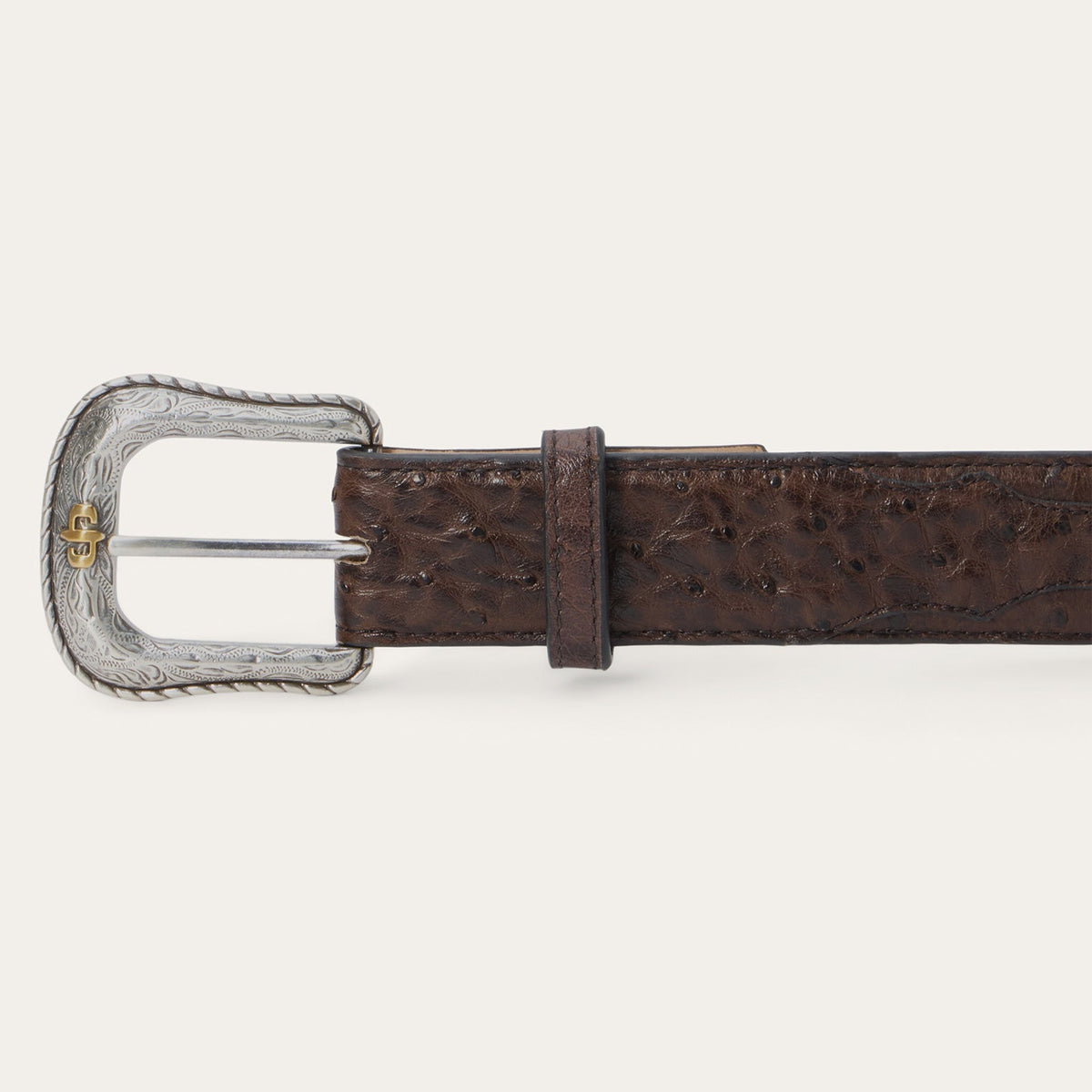 Mocha brown Stetson Ostrich Western Tab Belt by Gem Dandy, featuring textured ostrich leather and classic Western style.