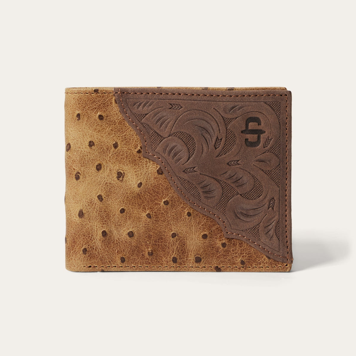 Stetson tooled embossed ostrich bi-fold wallet by Gem Dandy with detailed tooling and textured ostrich pattern.
