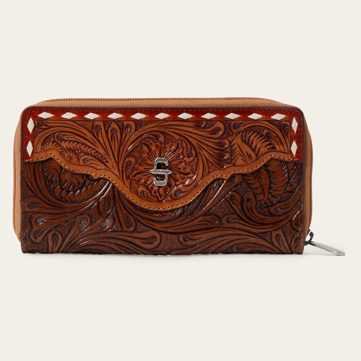 Stetson Tooled Zip Wallet by Gem Dandy showing intricate tooled leather design and zip-around closure.