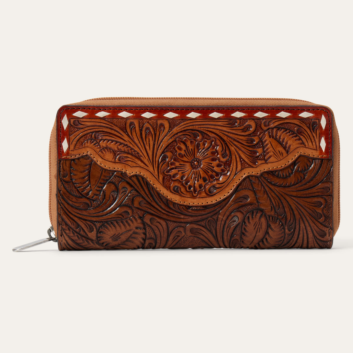 Gem Dandy Stetson Tooled Zip Wallet with intricate leather tooling and secure zipper closure, showcasing craftsmanship.