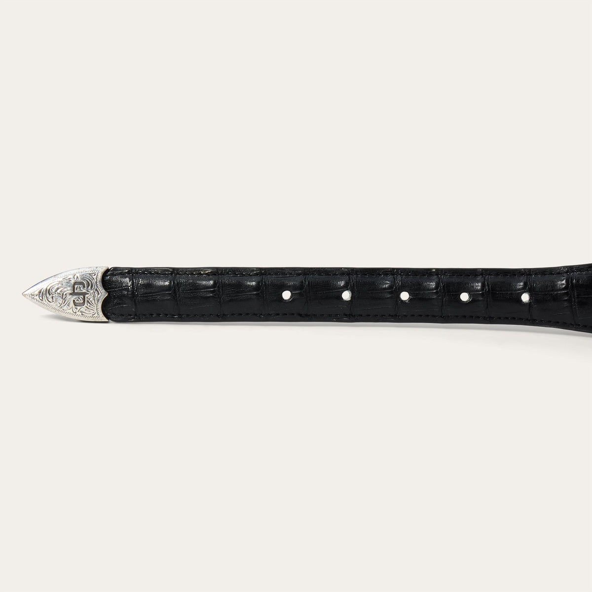 Stetson Women's black Caiman leather tapered tab belt with classic design, featuring a silver buckle and textured finish.