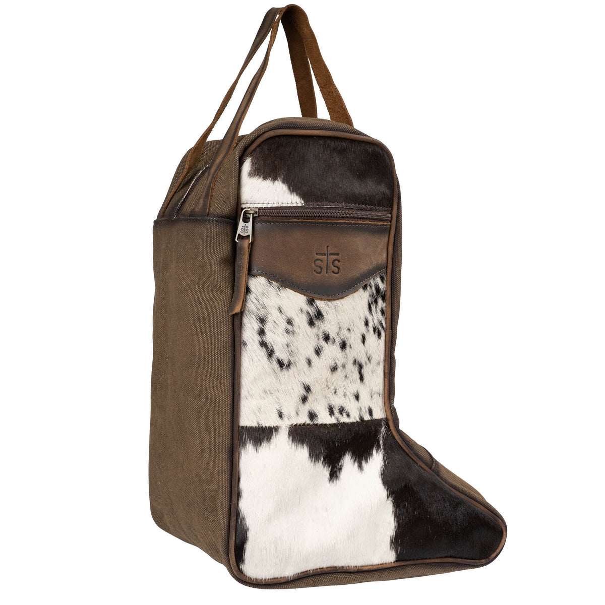 STS Ranchwear women's leather boot bag with classic hair-on-hide design, durable leather material, and practical carry handle.
