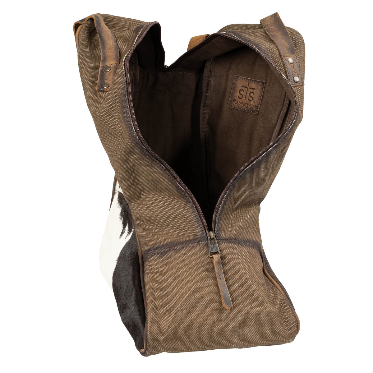 STS Ranchwear women's leather boot bag with classic hair-on-hide design, durable leather construction, and functional handle.
