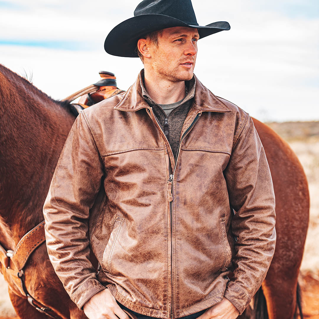 STS Ranchwear Men's Rifleman Leather Jacket, Chestnut – lifestyle