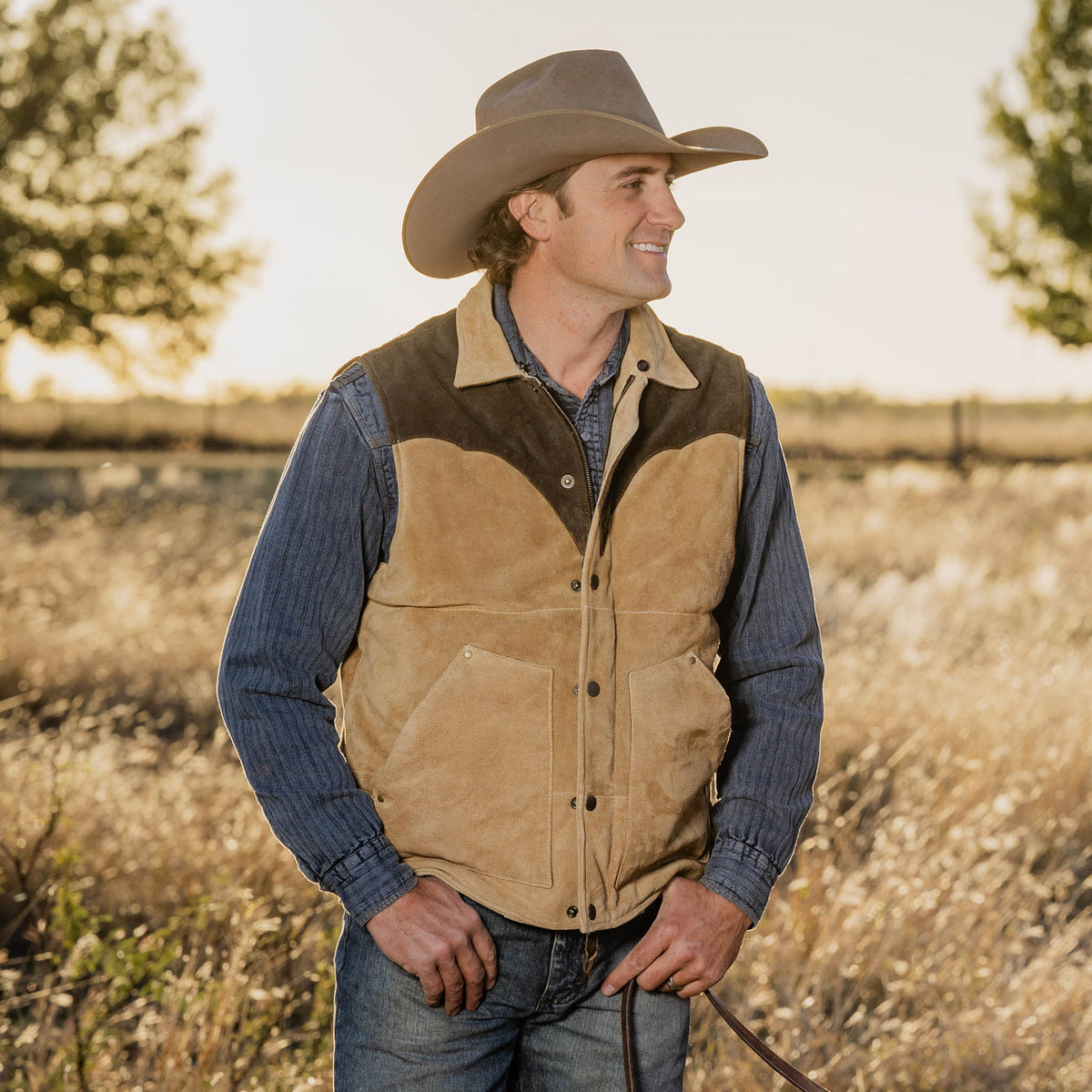 STS Ranchwear Oliver men's suede leather vest with concealed carry pockets, stylish western-style apparel for men.