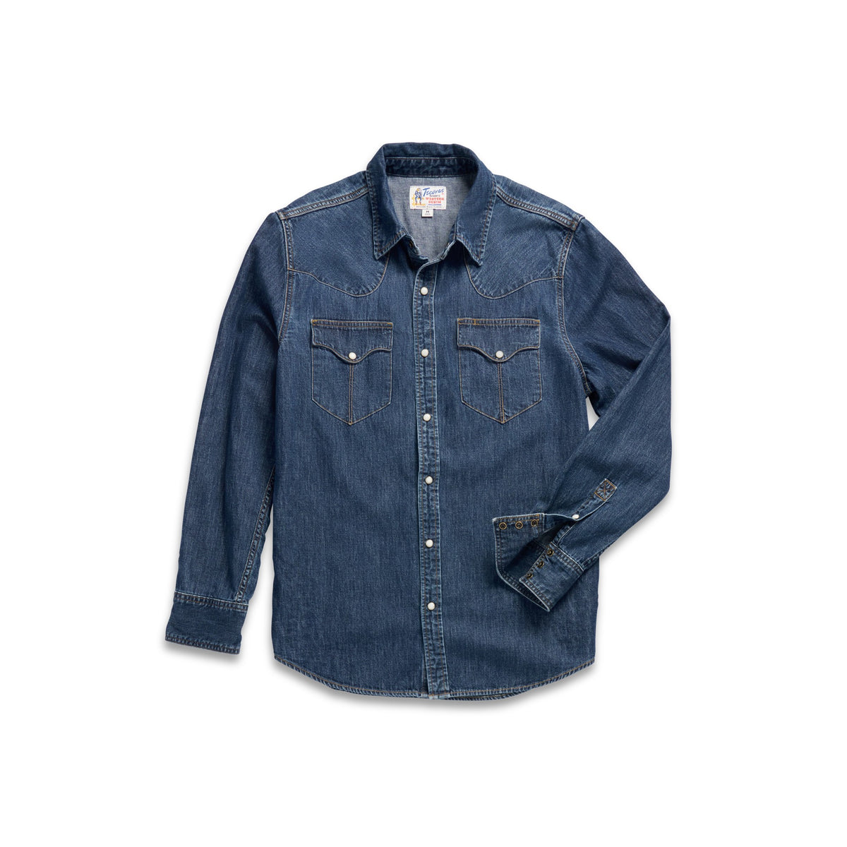 Tecovas Men's Denim Long Sleeve Pearl Snap Shirt, Dark Wash – front