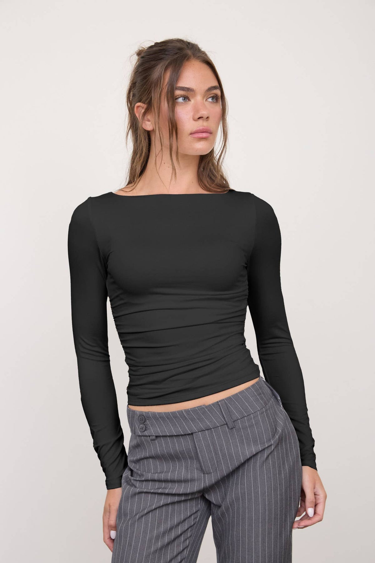 The Workshop Studio Women's Boat Neck Long Sleeve Contour Knit Top, Black – front