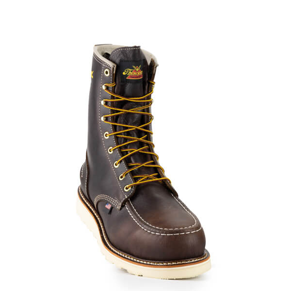 Thorogood 1957 Series waterproof men's 8-inch steel toe moc toe work boot with Maxwear Edge outsole, rugged and durable shoe design.