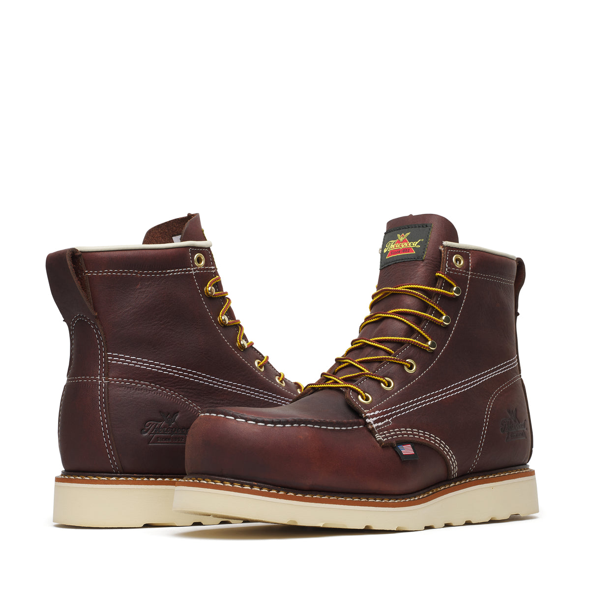 Thorogood Men’s 6-inch American Legacy Nano Moc Toe Boots, durable leather work boots with moc toe design and sturdy soles.