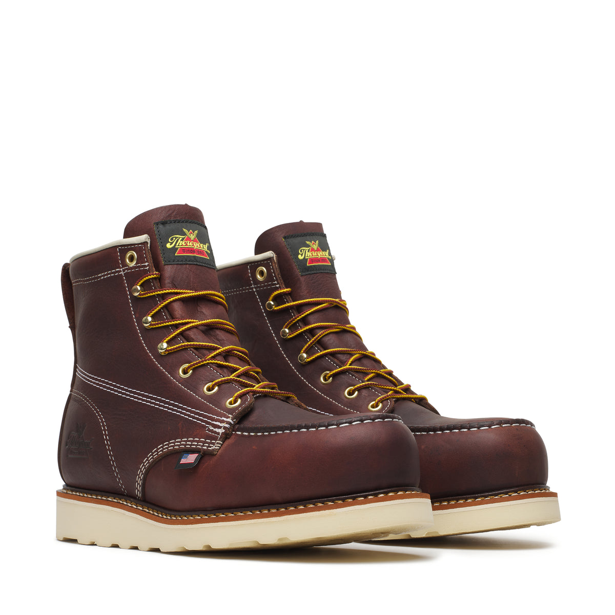 Thorogood Men's 6-inch American Legacy Nano Moc Toe Boots showing rugged leather upper and durable rubber outsole.