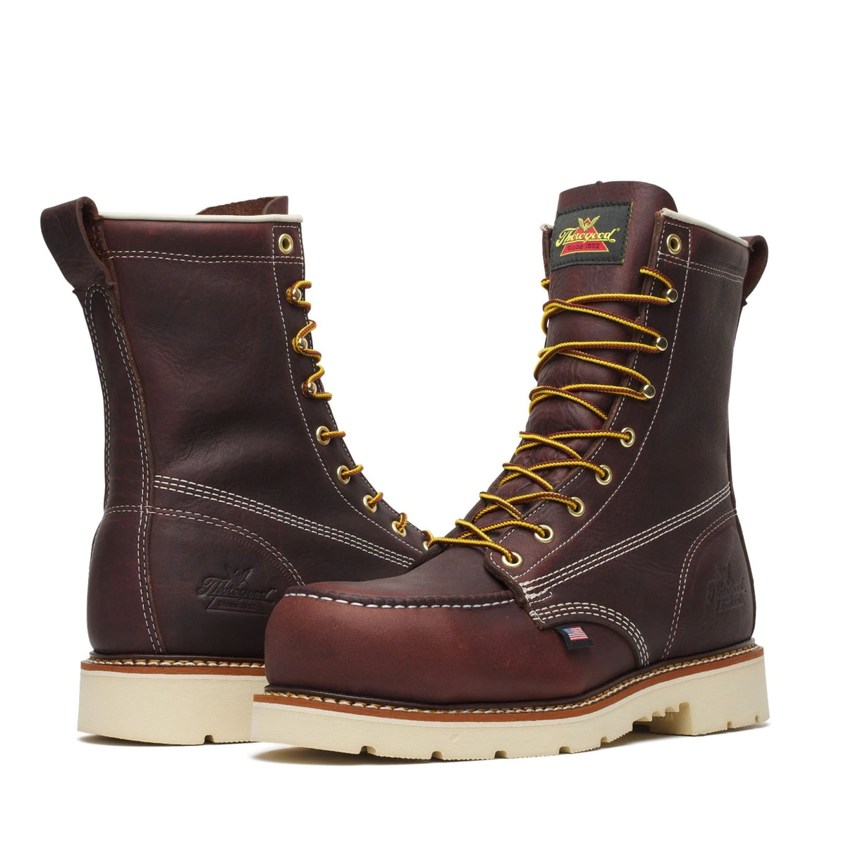 Thorogood Men's 8-inch American Legacy Nano Moc Toe Boots showing black leather upper and durable sole.