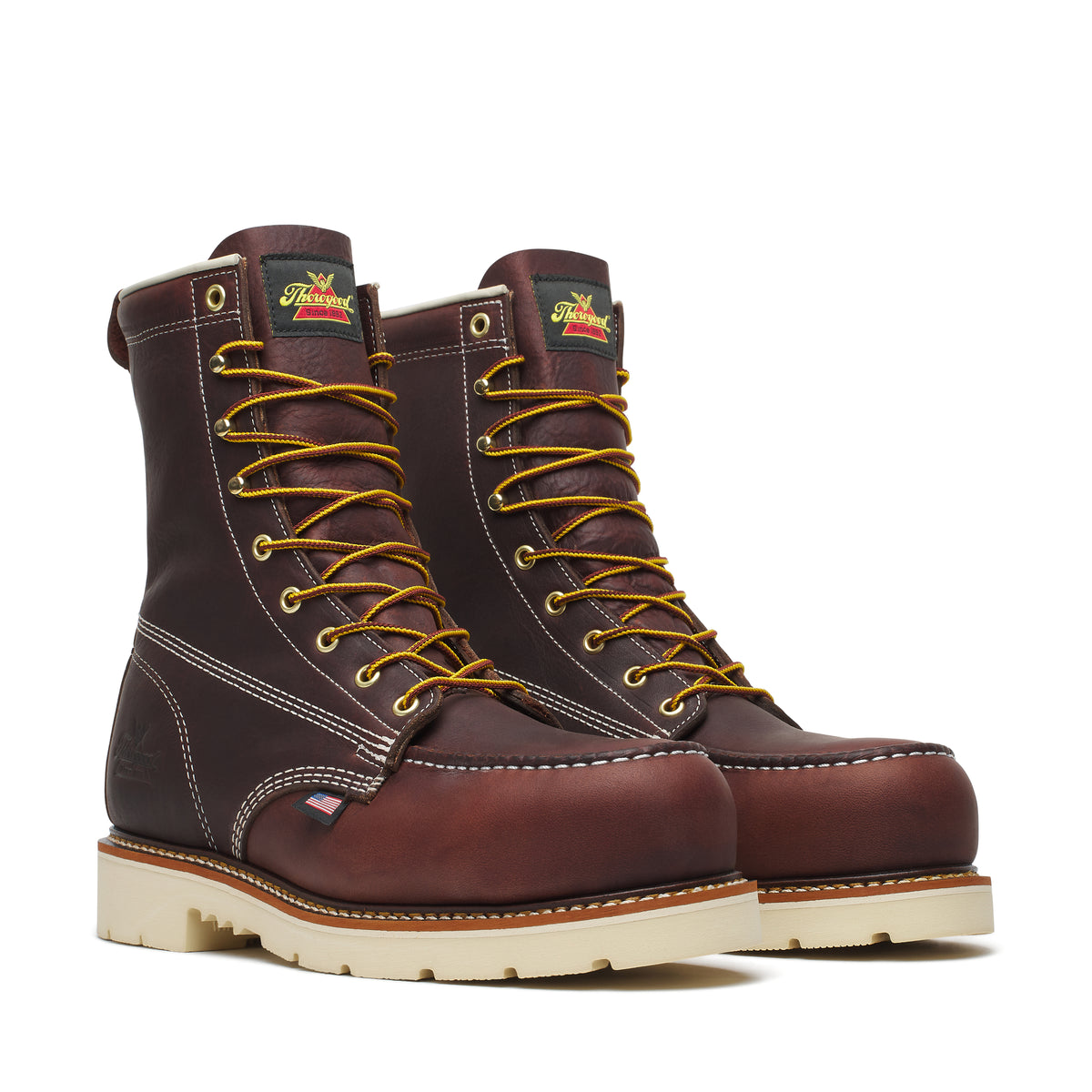 Thorogood Men's 8-inch American Legacy Nano Moc Toe Boots showing black leather upper and durable rubber outsole.