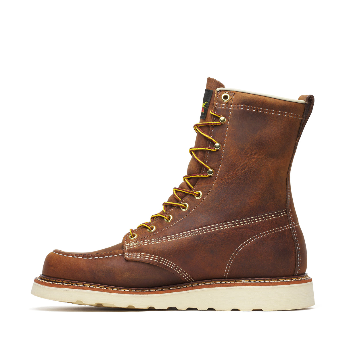 Thorogood Men's American Heritage 8-inch Trail Crazy Horse Moc Toe Maxwear Wedge Boot showing rugged leather and sturdy construction