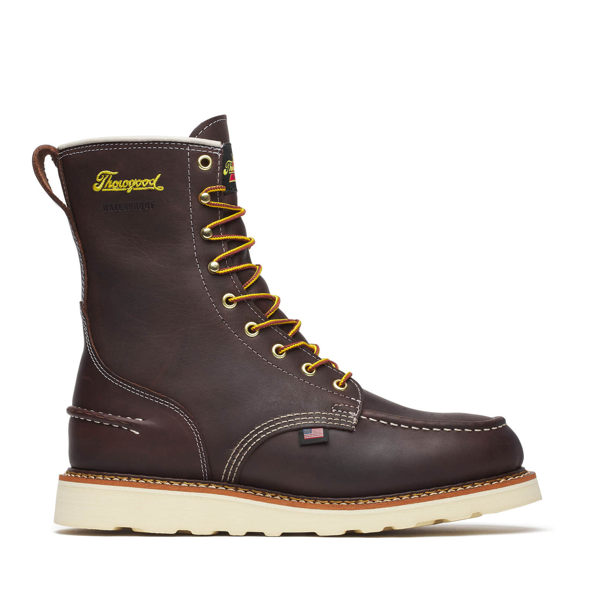 Thorogood Men's 1957 Series Waterproof 8" Soft Toe Moc Toe Boot, Briar Pitstop – 3-4 front