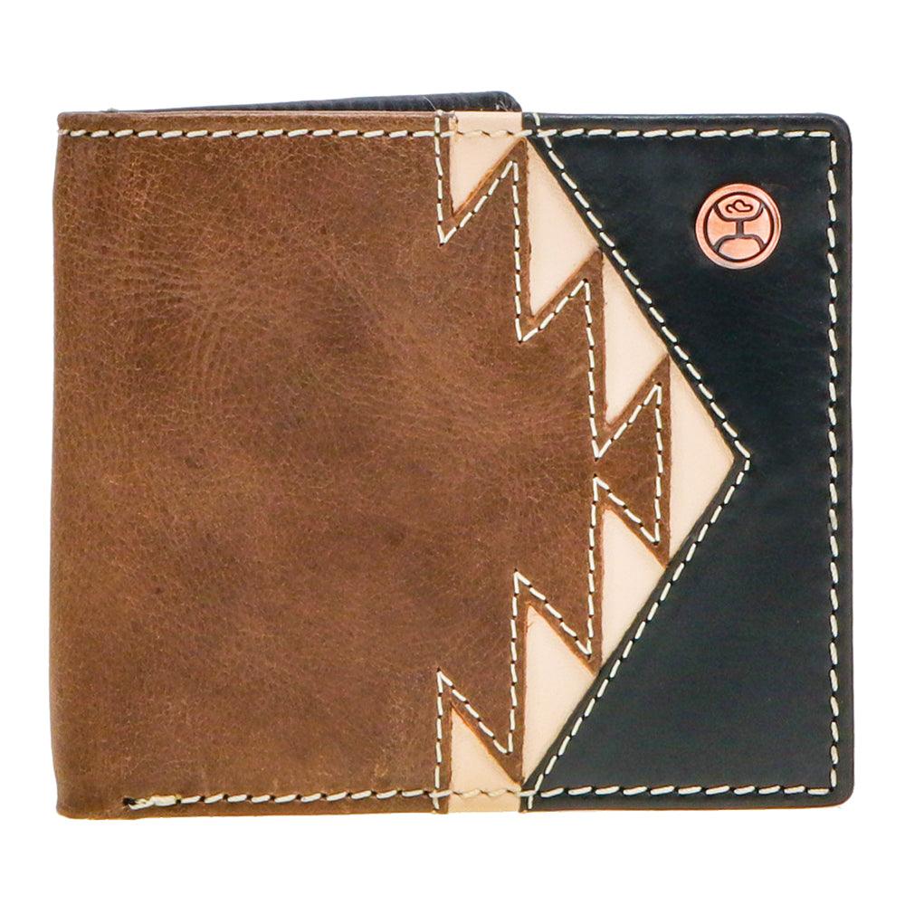 Hooey Tonkawa bifold wallet in brown and black leather with ivory Aztec pattern detail, showcasing front view and open compartments.