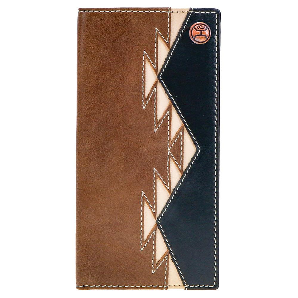 Hooey Tonkawa Rodeo Hooey Wallet in brown and black leather with ivory Aztec pattern details.