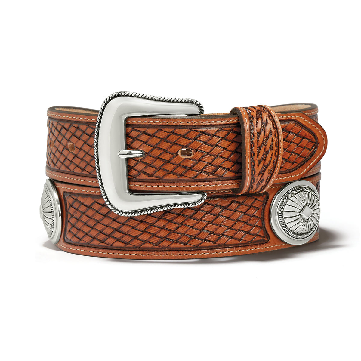 Leegin Tony Lama Hesperia Belt in brown leather with decorative stitching and metal buckle, stylish Western belt for men.