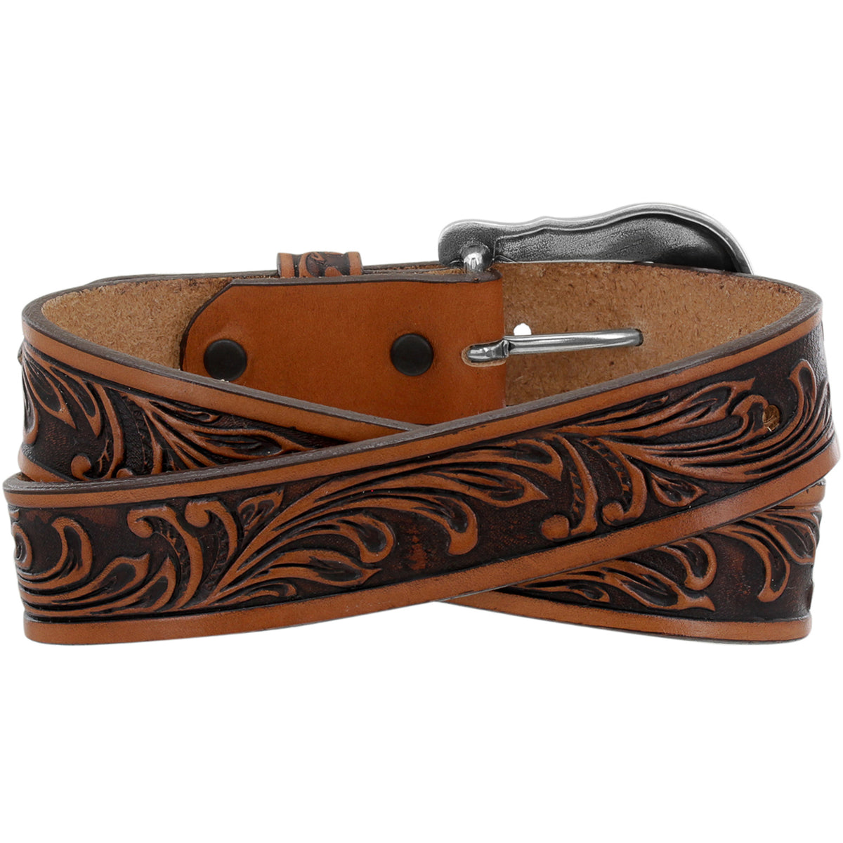Tony Lama Lil Westerly kids' belt in brown leather with decorative stitching and a metal buckle, designed for children.